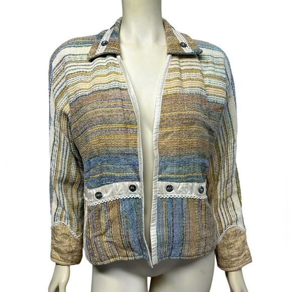 Vintage Silk Yak Magik Decoration Striped Jacket Light Open Coat Blazer Pockets - Picture 1 of 11